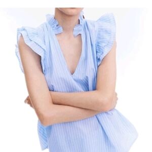 Ruffle Trimmed Striped Blouse Blue And White Feminine Boho Nautical Breezy M